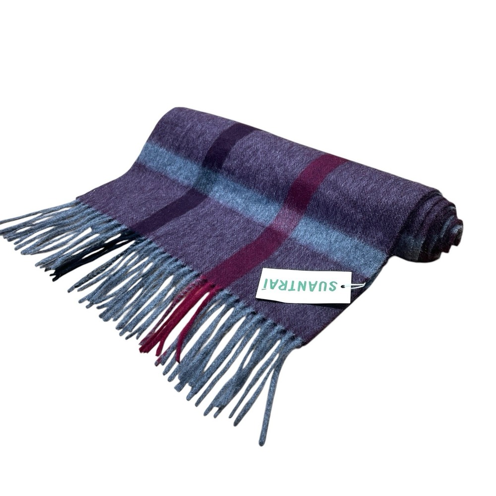 Suantrai of Ireland 100% Cashmere Rectangular Scarf Burgundy Plaid Fringe